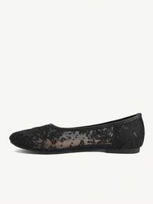 CUCCOO CHICEST Branches And Leaves Embroidered Round Toe Flats, Gentle Style Mesh Yarn Low Vamp Shoes, Commuting Dating Breathable Women's Shoes - Black - View 5