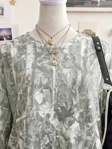 SHEIN EZwear Autumn New Camouflage Branch Print Pattern Round Neck Long Sleeve Loose Fit Suitable For Daily Commute Gathering Night Christmas New Year Sage Green - Multicolor - View 4