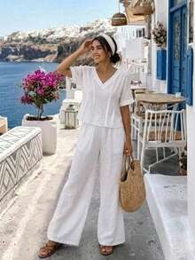Livesso Women's V-Neck Loose Fit Cinched Waist Shirt And Pants 2 Pieces Set Lounge Sets For Women Vacation - White - View 4