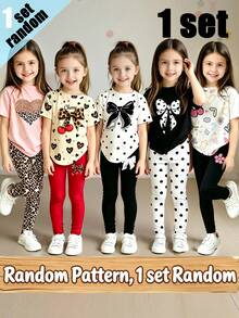 (Random 5 Sets, Send 1 Set) Summer Girls' Shining Leopard Pattern Love Bow Cherry Pattern Printed Basic Short T Plus Bottom Pants Set - Multicolor - View 1