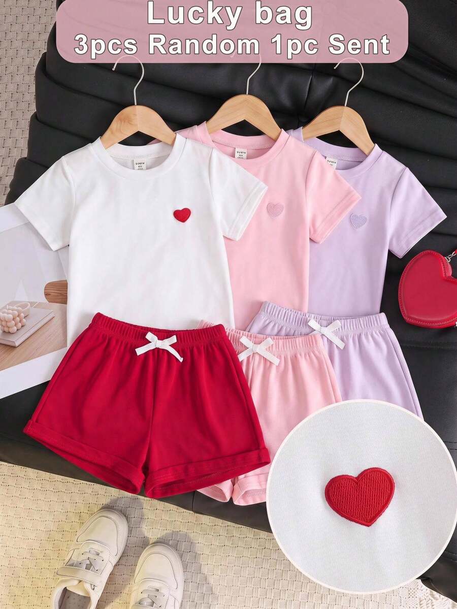 SHEIN Genkimix Kids 女童時尚可愛愛心刺繡針織短袖T恤上衣套裝,適合日常休閒、運動、外出與度假 - 彩色 - 查看 1