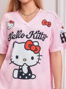 HELLO KITTY AND FRIENDS | SHEIN 女款字母卡通印花V領短袖休閒T恤 - 淺粉色 - 查看 6