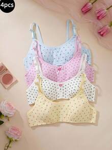 Genkimix Kids 4pcs/Set Tween Girls Cartoon Polka Dot All-Over Print Cute Girls Bra & Underwear Set, Comfortable For All Seasons Autumn Fall - Multicolor - View 5