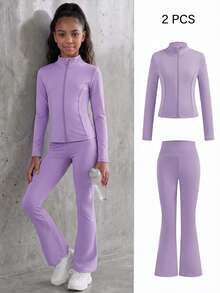 SHEIN Tween Girls Purple Autumn Atletic Pilates Yoga Sports Jacket & Flared Pants Set,Comfortable Elastic Stretch Fashion Cycling Tennis Gym Hiking Campus - Mauve Purple - View 1