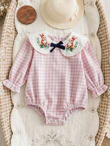 SHEIN Vintaside Kids 女嬰田園風刺繡娃娃大領結蝴蝶結可愛荷葉邊鬆緊袖口長袖連身衣 秋季 - 粉色 - 查看 2