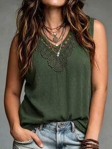 EMERY ROSE Plus Size Women's Spring/Summer Mid-Length Pom Pom Jacquard Fabric Simple Loose Fit Sleeveless Pullover Shirt Formal Evening Olive Green Elegant - Dark Green - View 7