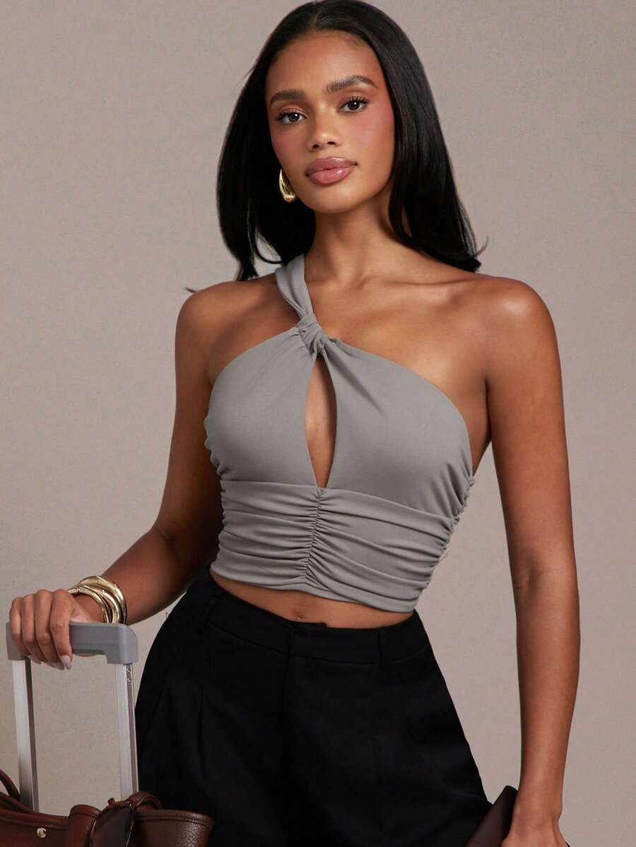 Hauture Women's Sexy Elegant One Shoulder Ruched Cut Out Cropped Sleeveless Top, Perfect For Summer Vacation, Traveling, Daily Casual Wear, Gray - Grey - View 1