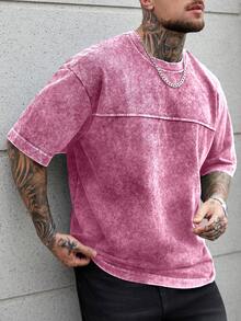 SLATEMANN 男士大尺碼夏季休閒水洗短袖T恤 - 玫紅色 - 查看 5