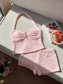 SHEIN Tween Girls Striped Halter Top & Shorts Set - Pink - View 3
