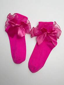 ROMWE Kawaii Calcetines tubo de malla con volantes y lazo en contraste para mujer - Rosa roja B12 - Ver 2