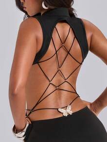 ROMWE Spring/Summer Y2K Hot Girl Casual Party Back Cross Lace-Up Open Back Butterfly Metal Buckle Decor Bodycon Mini Dress - Black - View 3
