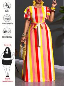 SHEIN CURVE+ 2026夏季新款，加大码女士条纹印花荷叶袖连衣裙，适合度假、日常约会、春季外出。这款飘逸的荷叶袖长裙采用条纹设计，色彩鲜艳，是女士度假的理想之选。 - 彩色 - 查看 8