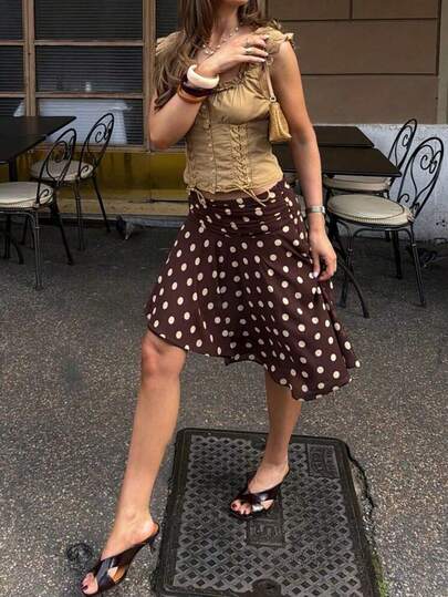 Siren Gaze Autumn Women's High-Waisted Polka-Dot Chiffon Skirt Asymmetric Lightweight Sheer Vacations Birthday Office Brunch Vintage French Brown And White