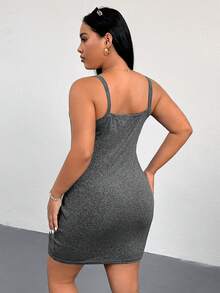 SHEIN Essnce Plus Size Women's Spring/Summer Fashion Casual Black Grey Spaghetti Strap Short Dress 2pcs Fitted Bodycon Outing Outfit Base Layer Business Dark Green - Multicolor - View 3