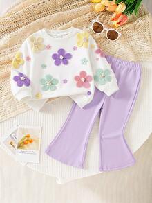 SHEIN Sparklyn 1 Random Pc Baby Girl Floral Print Long Sleeve Sweatshirt And Flared Pants Set - Multicolor - View 9