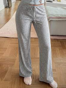 Livesso Tall Women's Elastic Waist Lace Patchwork Drawstring Tie Elastic Floral All-Over Print Urban Casual Long Pants - Light Grey - View 6