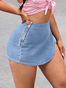 SHEIN PETITE 女款高腰不對稱下擺時尚百搭牛仔裙褲 牛仔裙褲 女款牛仔短褲 高腰女款牛仔短褲 極短褲 小碼女款 - 淺色水洗藍 - 查看 6