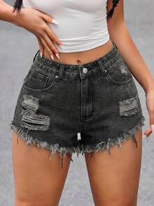 SHEIN PETITE Celana Pendek Denim Kasual Serbaguna Wanita dengan Saku, Detail Sobek dan Jumbai di Bagian Bawah - Light Grey - View 3