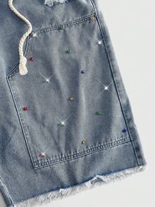 ROMWE MEN Street Life Men's Plus Size Double Waistband Rhinestone Frayed Hem Denim Shorts - Baby Blue - View 4