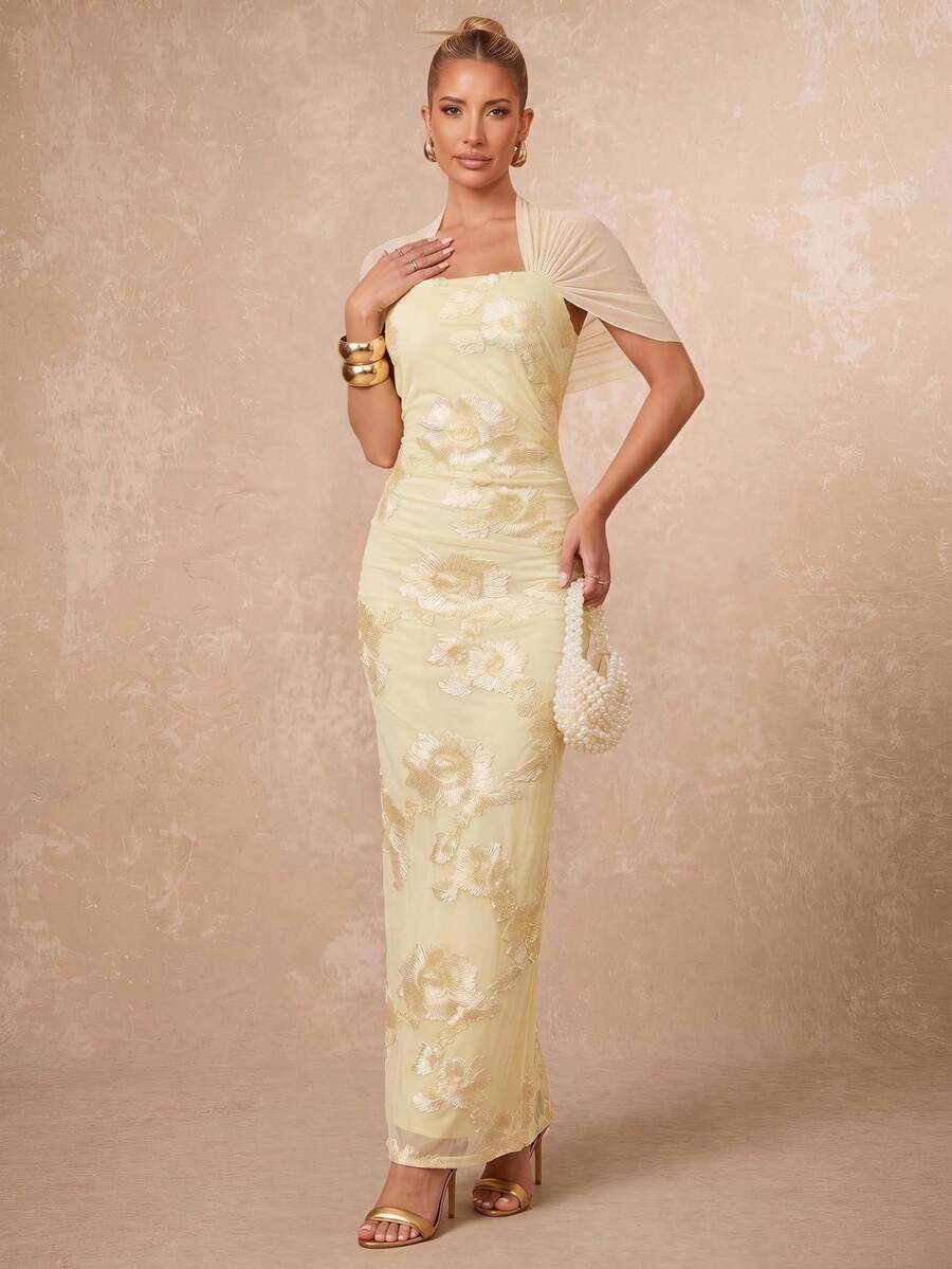 Lumalex Pale Yellow Strapless Floral Embroidered Maxi Dress With Sheer Cape Overlay Ruched Bodice Applique Back Slit Luxury Evening Wedding Garden Party