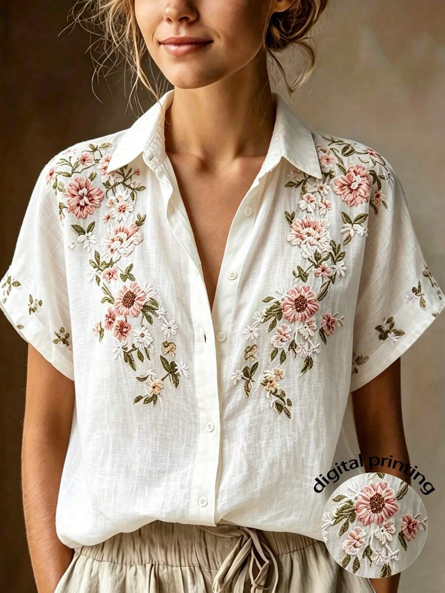 SHEIN 新款粉色印花仿亞麻面料女款短袖襯衫 - 彩色 - 查看 1