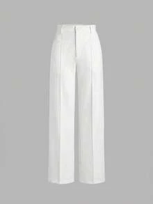 SHEIN MOD 100%純棉高腰白色舒適直筒長褲 - 白色 - 查看 5