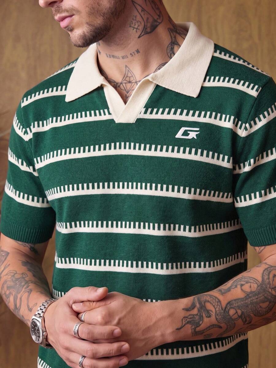 HIMLAND 時尚男士條紋刺繡毛衣 - 彩色 - 查看 1