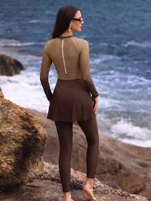 SHEIN Swim Women's Summer Beach Vacation Gradient Print 3D Floral Decor Twist Zipper Long Sleeve Burkini Swimsuit Set - Brown - View 2