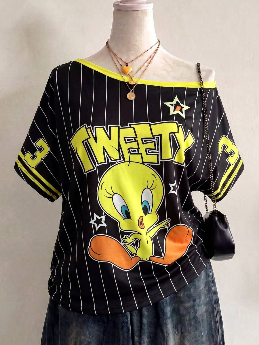 DrmWander LOONEY TUNES X SHEIN Plus Size Women Letter & Stripe Print Asymmetrical Shoulder Short Sleeve Casual T-Shirt - Multicolor - View 1