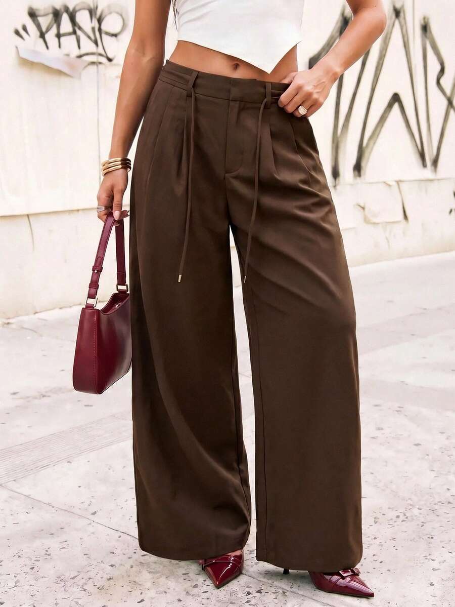 Avantive Women's Solid Color Casual Versatile Daily Wear Wide Leg Long Pants - Coffee Brown - View 1