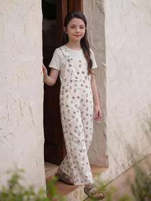 DAZY Ditsy Floral Sleeveless Straight Leg Pants For Tween Girls Denim Overalls And Jumpsuits Fall - White - View 2