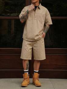 DAZY 男士純色工作服短袖 Polo 衫 2 件套 夏季 - 卡其色 - 查看 6