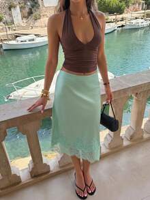 Aloruh Rok Bodycon Wanita Model Terbaru Musim Semi/Panas dengan Pinggang Sangat Rendah dan Hiasan Renda, Panjang Sedang, Cocok untuk Bepergian, Kencan, dan Liburan. - Mint Green - View 2