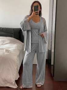 DAZY 3件組迷人蕾絲拼接翻領吊帶上衣與長褲女款睡衣套裝 - 灰色 - 查看 4