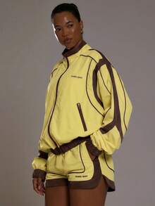 Musera Sport Contrast Oversized Wind Breaker Funnel Neck Jacket Sports Workout Gym Girly Pilates Fitness Daily - Yellow - View 3