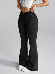 SHEIN PETITE Women's Floral Pattern Flared Jeans ,Petite Women - Black - View 3