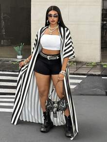 Maweii Spring Summer Autumn Casual Vacation Minimalist Elegant Sophisticated Fashion Niche Design New Essential Daily Wear Commute Business Black & White Striped Office Premium Plus Size Women's Jacket - Black and White - View 4