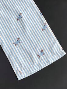 SHEIN Elladie kids 2件/套基礎休閒慵懶純色套裝，馬印花，不對稱下擺，側面抓皺設計，圓領短袖T恤，搭配黃色條紋紋理布料直筒長褲，適合日常/外出等多種場合，春季/夏季/四季皆宜 - 藍色 - 查看 7