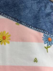 EMERY ROSE Casual & Fashionable, Women's T-Shirt With Denim Effect Patchwork, Striped And Cherry Digital Print, Round Neck - Multicolor - View 3