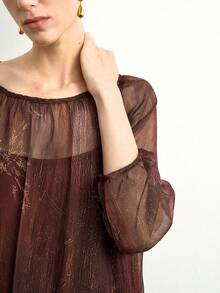 Aalyst Set Gaun Wanita Lengan Raglan Jala Bermotif Bunga dan Gaun Kamisol - Coffee Brown - View 6
