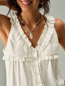SoleilVie Sleeveless Casual Shirt Vest, V-Neck, Front Pleats And Buttons - Apricot - View 5