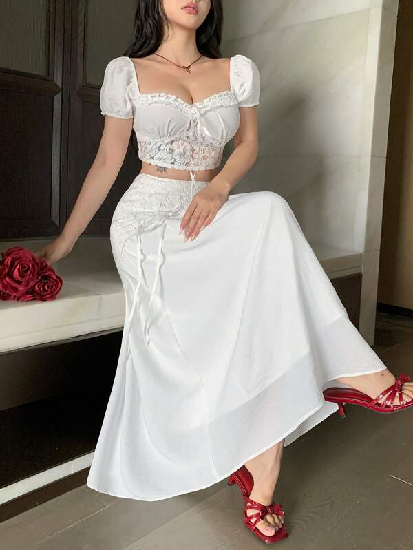 DAZY Summer Square Neck Puff Short Sleeve Lace Patchwork Cropped Top With White A-Line Long Skirt Women 2-Piece Set