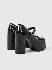Sugerpunk Women's High-Heeled Thick-Soled Thick-Heeled Sandals, Punk Style, Dark Retro Square Toe, Rivet Circumference Design, Thick-Soled Shoes - Black - View 5