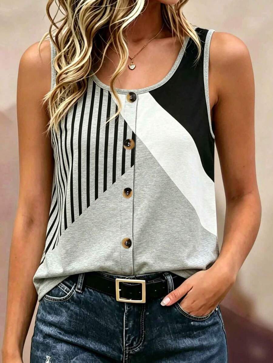 EMERY ROSE Plus Size Women's Minimalist Geometric Colorblock Striped Tank Top, European And American Style Casual Daily Wear, Button Decor Design Top, Spring/Summer Loose Sleeveless Top - Multicolor - View 1