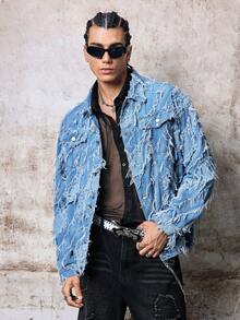 Skyrend Manfinity Streetrush 男式磨边单排扣休闲牛仔宽松夹克，夏季外出派对舞会街头，Emo 风格，适合秋季 - 淺色水洗藍 - 查看 4