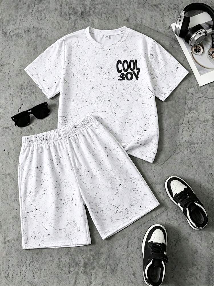 2pcs Boys' Simple Fashion High Street Faux Snowflake Round Neck Pullover Knit T-Shirt And Shorts Set, Comfortable Fabric, Fashionable Fit, Spring/Summer New Style, Suitable For Multiple Seasons And Occasions - Grey - View 2