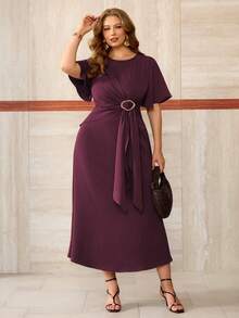 Roveilla Plus Size Women's Spring Autumn Winter French Romantic Sicilian Elegant Casual Commute Vacation Afternoon Tea Party Solid Color Round Neck Cross Tie Metal Buckle Cinched Waist A-Line Long Sleeve Bell Sleeve Maxi Dress - Red Violet - View 8