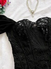 Soleia 女士黑色蕾絲抹胸束腰上衣，鏤空刺繡夜店風性感時尚派對裝，夏季款 - 黑色 - 查看 4