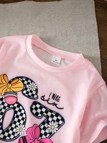 SHEIN 2件組少女棋盤格 67 字母印花短袖T恤與短褲套裝，鉛筆圖案 Y2K 嬰兒返校季夏季套裝，粉色白色 - 粉色 - 查看 5