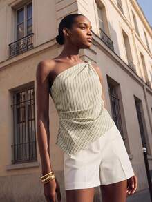 Maija Damen One-Shoulder Top mit verdrehtem Saum, asymmetrisches gestreiftes Top, Vintage Old Money Lehrerinnen-Stil, romantische Mode, vielseitiges Sommer-Party-Top für Strand, Urlaub, Ausflüge, Abschlussfeier, elegante Bluse, lässiges Hemd, formelle Kleidung für Arbeit und Büro - Verschiedenfarbig - Übersicht 2